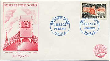 
First day cover commemorating opening day at UNESCO Headquarters, Paris, 1958 Nov. 1.
